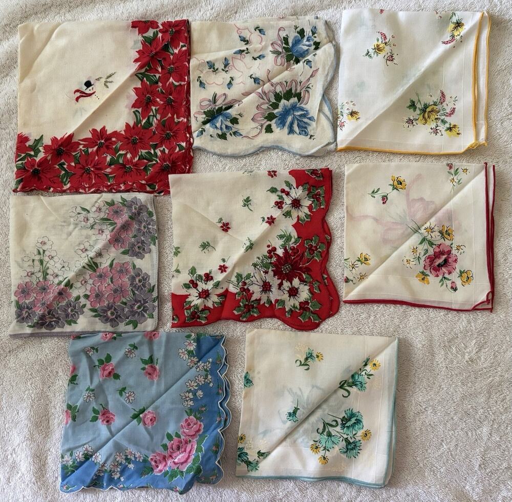 Vintage Handkerchief Lot 8 Pieces Christmas Flowers Floral Screen Print